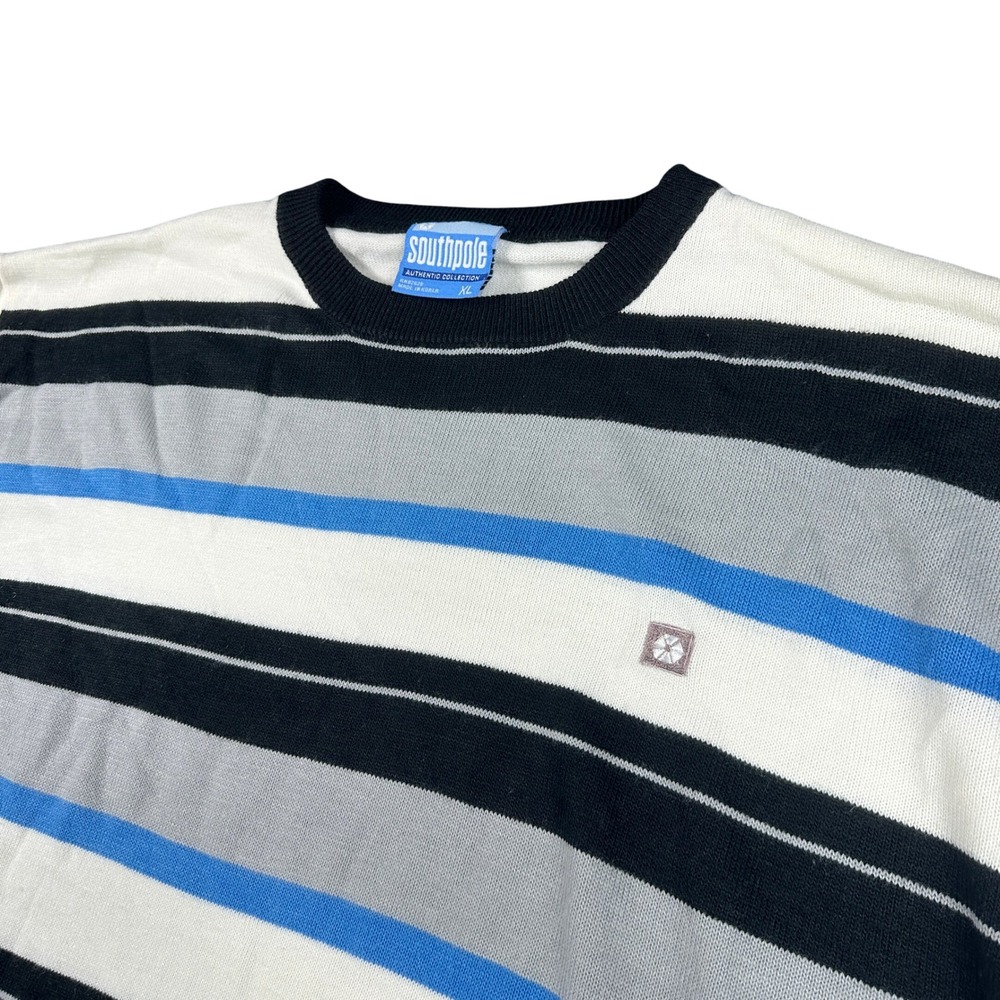 Vintage Southpole Striped Knit Shirt Mens XL Blue Black White Y2K Skater Preppy